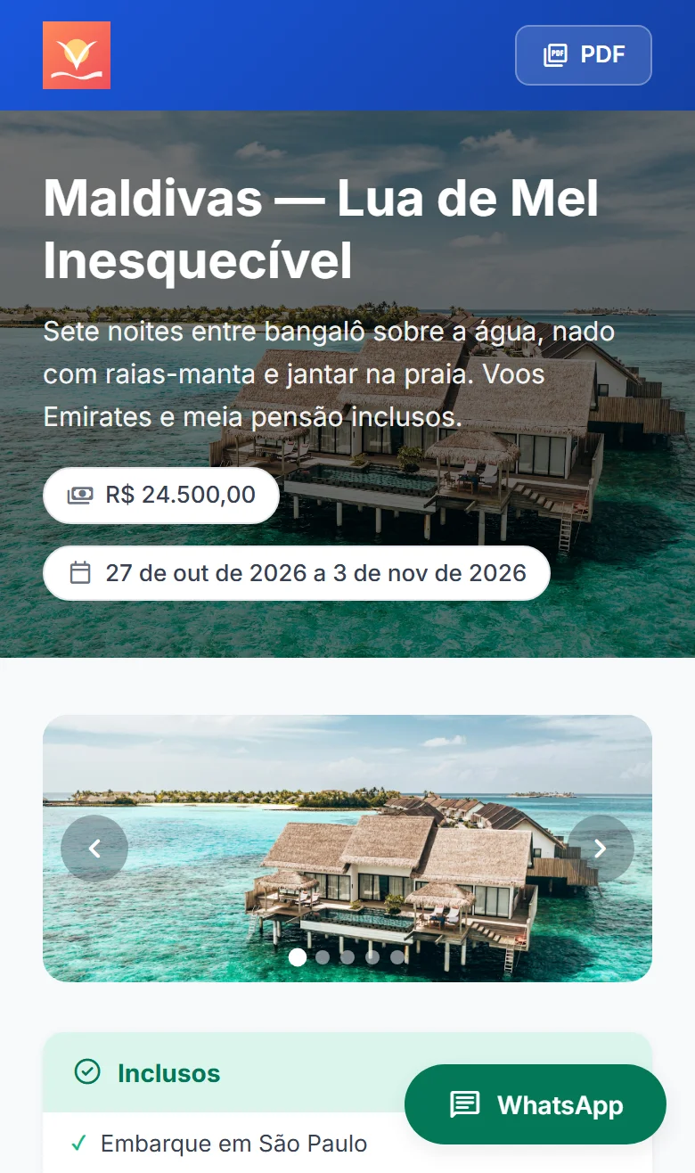Roteiro Maldivas aberto no celular do cliente, com a marca da agência Vavatur